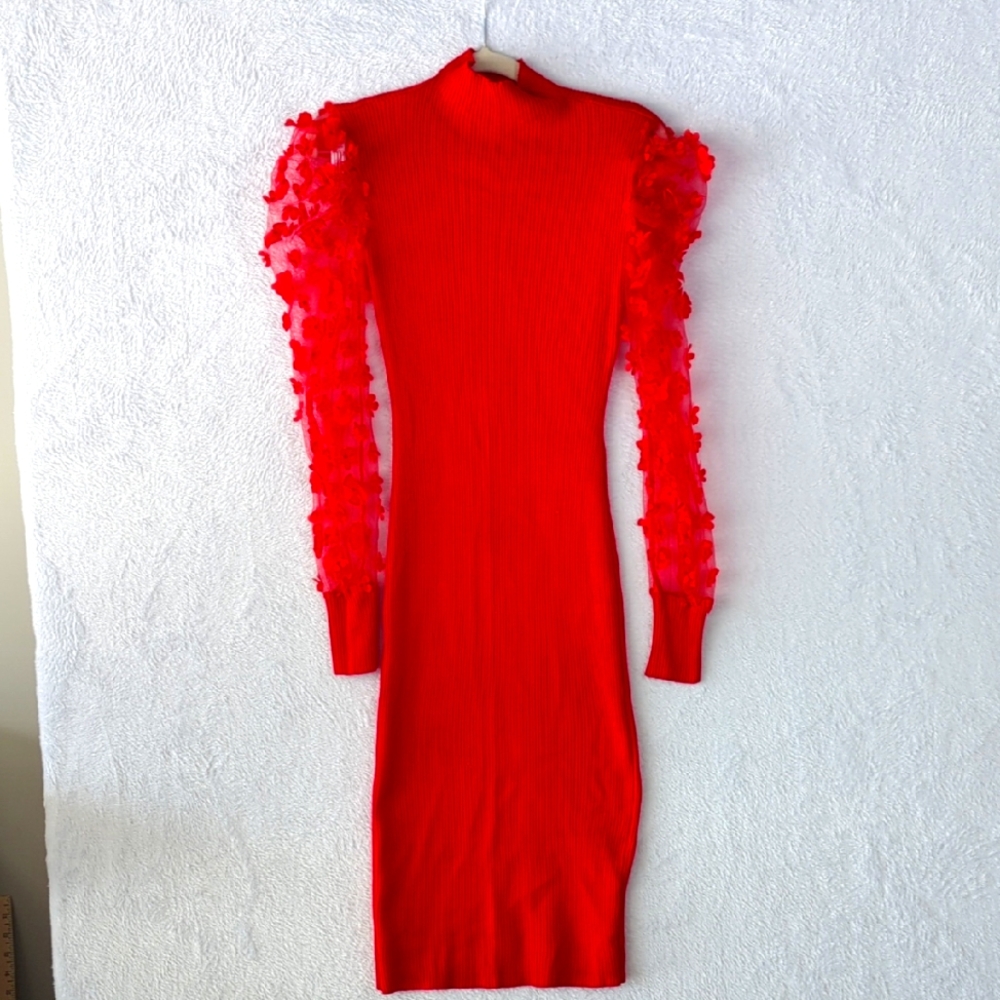 Almost Famous Junior's Vibrant Red Ribbed Bodycon Long Sleeve Dress Size S